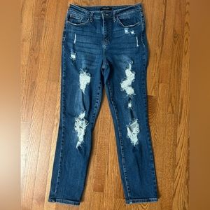 Judy Blue Womens Boyfriend Fit Jeans Denim Blue Distressed Size 9/29 High Rise